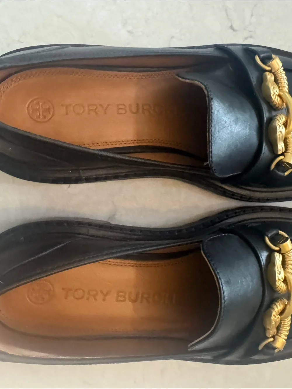 Tory Burch Jessica Lug Sole Loafers with Gold Chain Detail